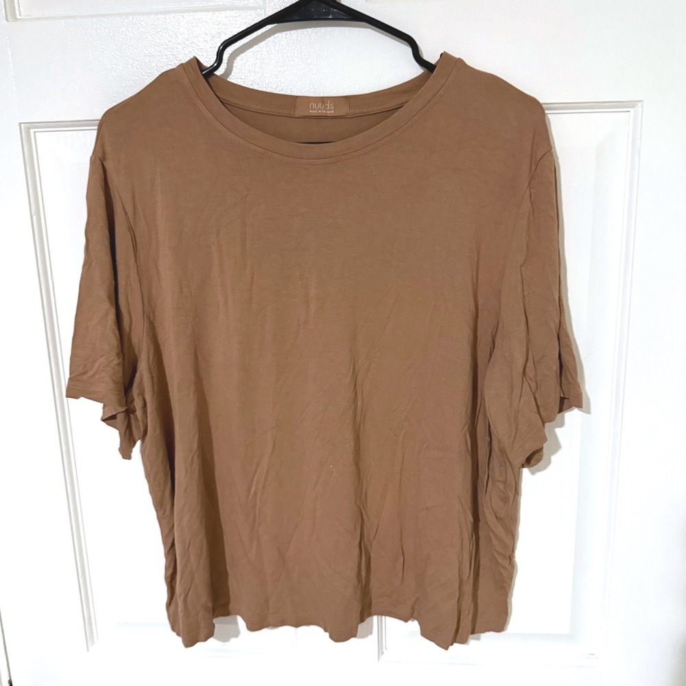 Nuuds Women Brown Short Sleeve Crew Neck Relaxed Fit Tee Shirt Large L